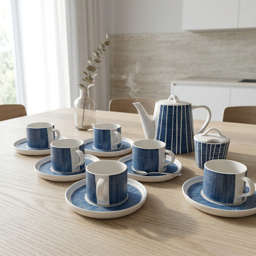 Conjunto de chá azul e branco numa mesa de madeira clara com um vaso de vidro ao fundo