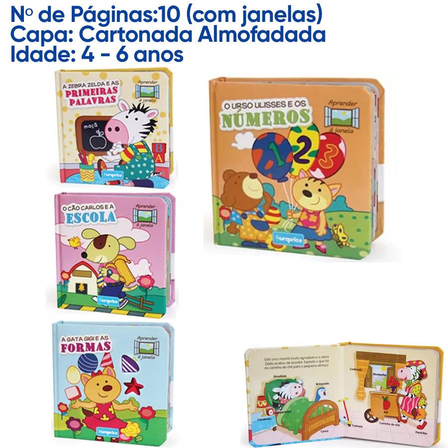 quatro livros infantis coloridos com capa cartonada almofadada para crianças de 4 a 6 anos