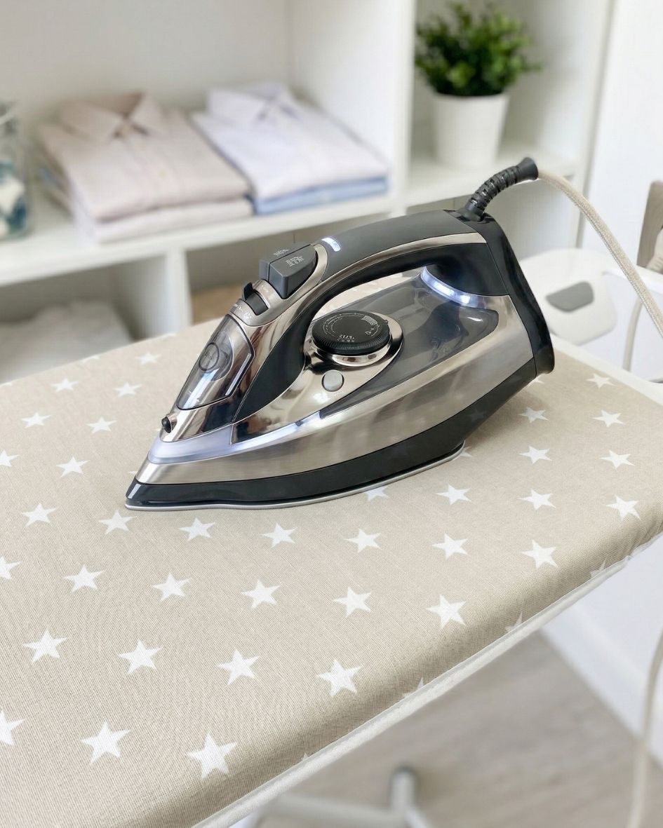 Ferro de engomar elétrico preto e prateado numa tábua de passar com estrelas brancas