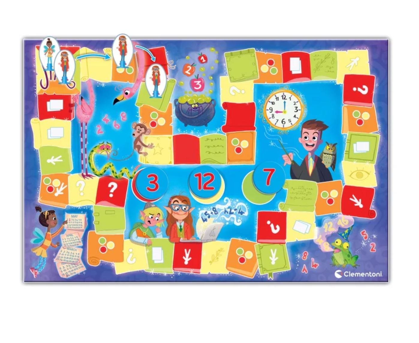 Jogo de tabuleiro com personagens, números e relógio em cores vivas