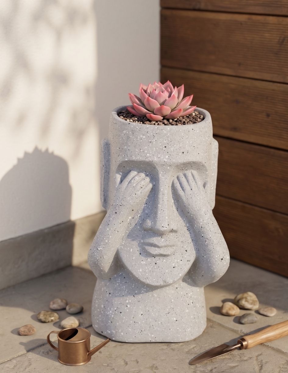 Vaso de cimento em forma de cabeça com mãos a cobrir os olhos e suculenta rosa no topo