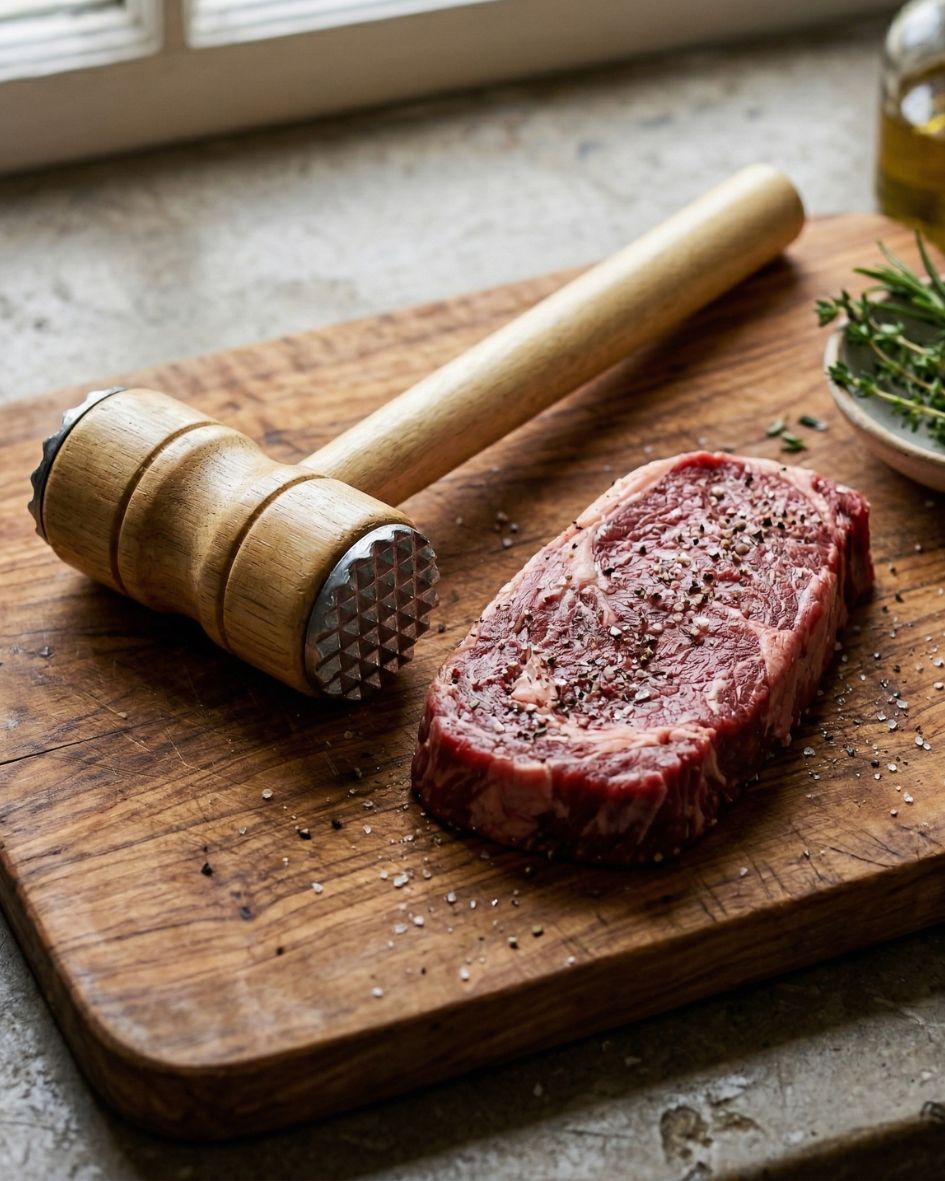 Maço de carne e bife cru temperado em tábua de madeira