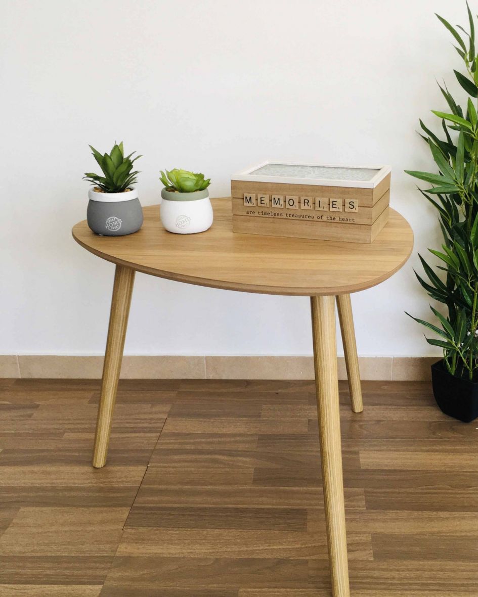 Mesa de madeira clara com plantas e caixa decorativa MEMORIES