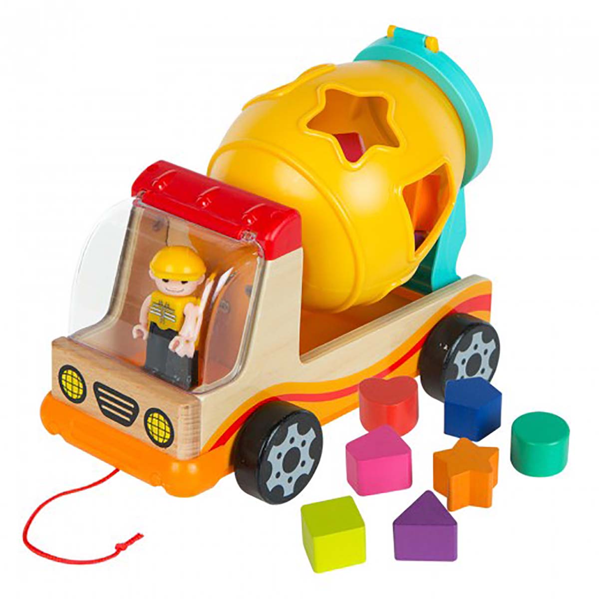 Brinquedo de camioneta betoneira com formas geométricas coloridas