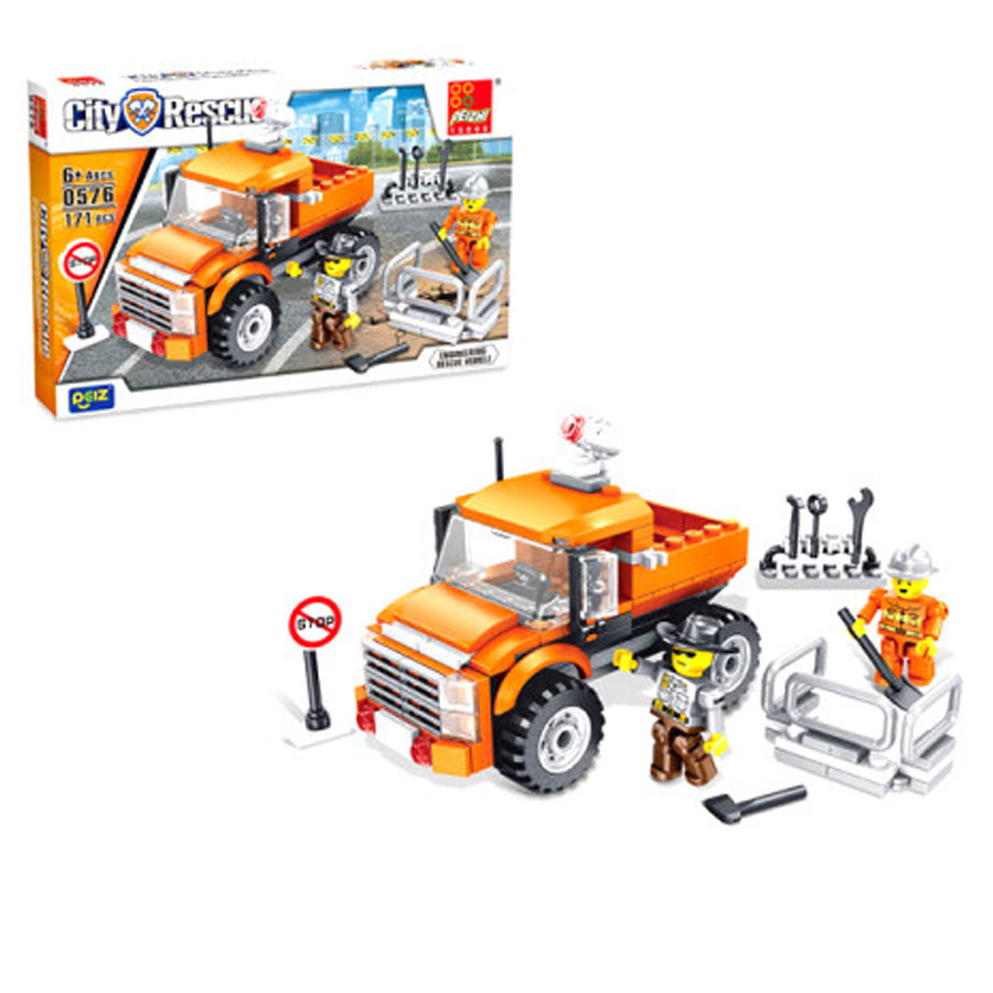 Brinquedo City Rescue com caminhão laranja, duas miniaturas de trabalhadores, ferramentas e caixa