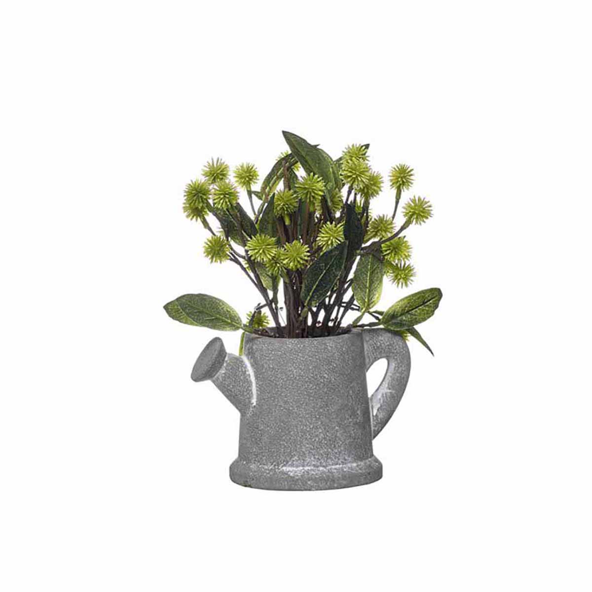 Vaso cinzento em forma de regador com planta artificial verde