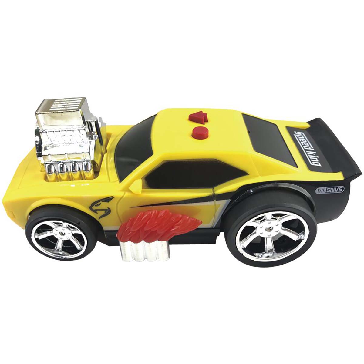 Carro de brinquedo amarelo com motor cromado e detalhes vermelhos