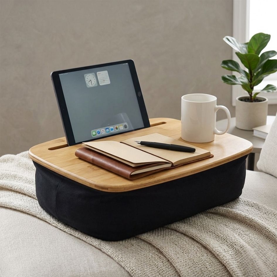 Prateleira de bambu com almofada preta, suporte para tablet, caderno, caneca e caneta sobre sofá com manta