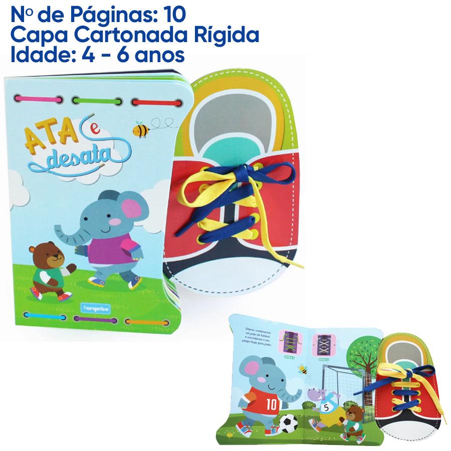 Livro infantil com capa cartonada rígida e sapato de brinquedo com cadarços coloridos.