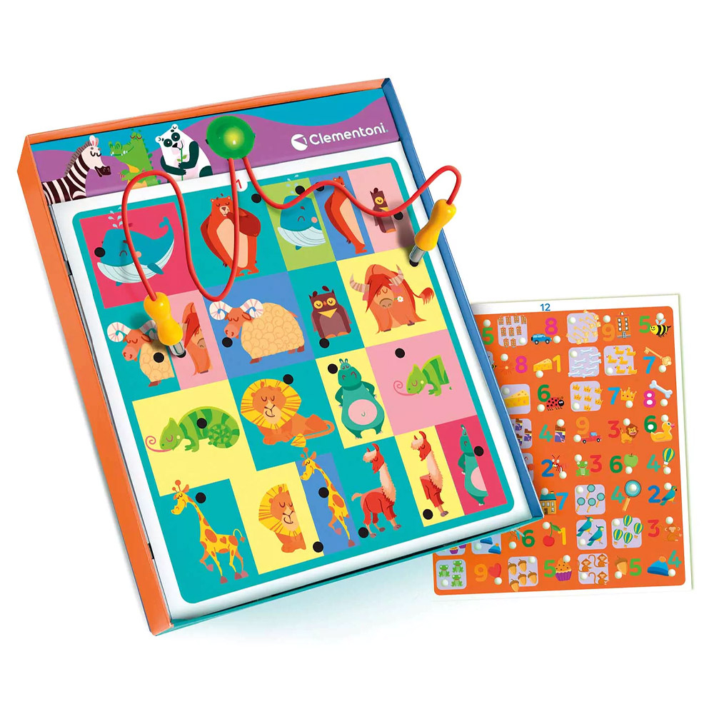Jogo infantil Clementoni com tema de animais e cartão educativo laranja