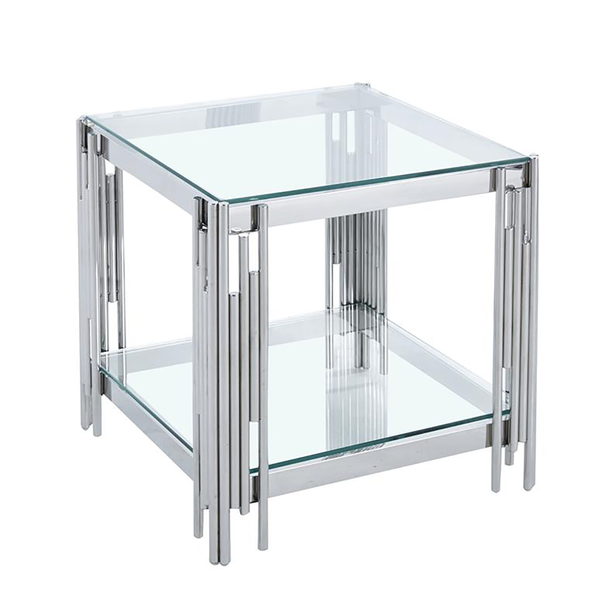 Mesa lateral com duas prateleiras em vidro e estrutura metálica prateada