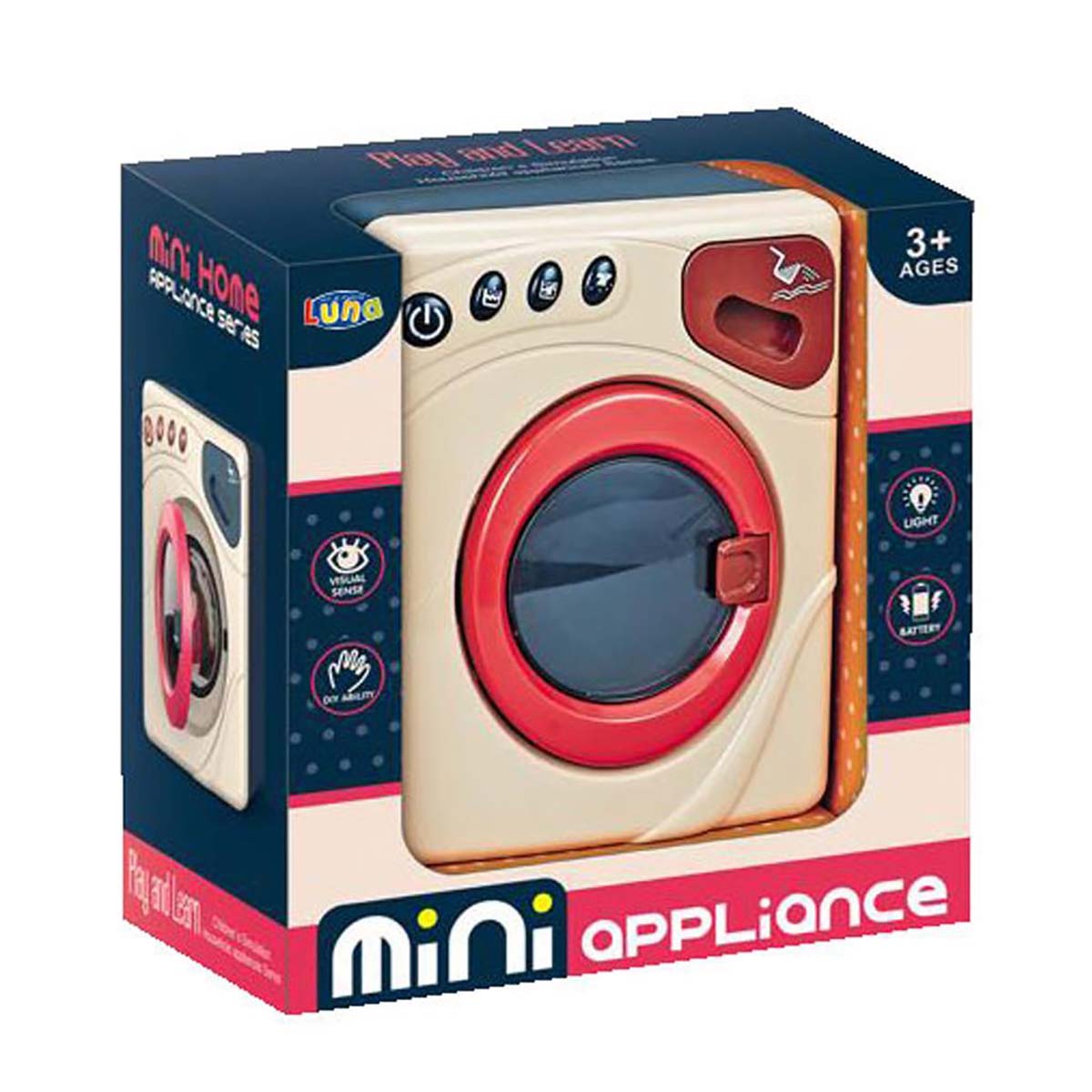 Brinquedo mini máquina de lavar roupa em caixa colorida com texto MINI appliance 3+ AGES