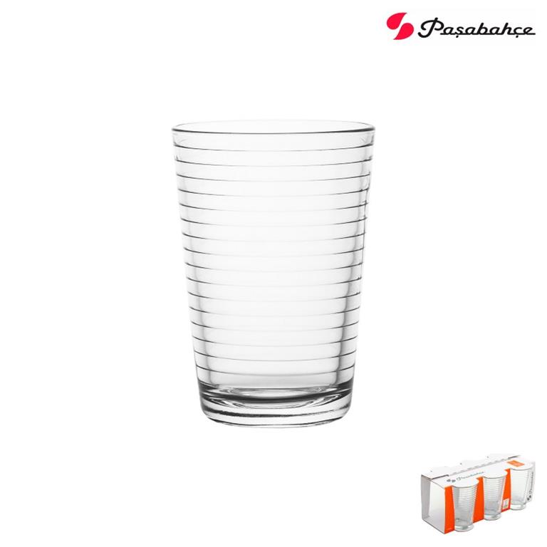 Copo transparente com linhas horizontais e embalagem Pasabahce