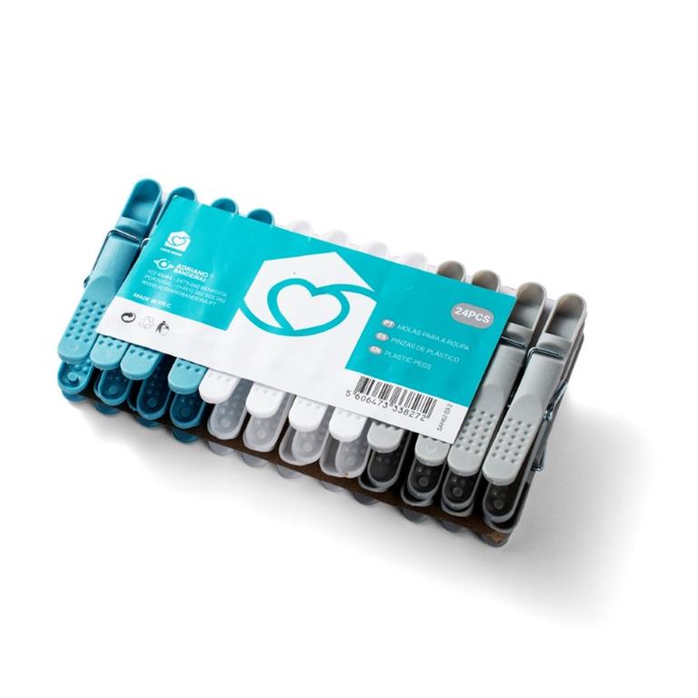 Conjunto de 24 prendedores de plástico em vários tons de azul, branco e cinza