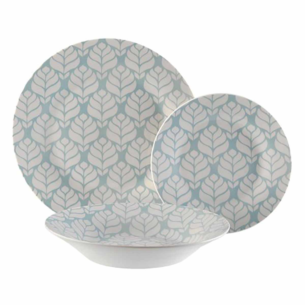 Conjunto de pratos de cerâmica com padrão de folhas branco e azul