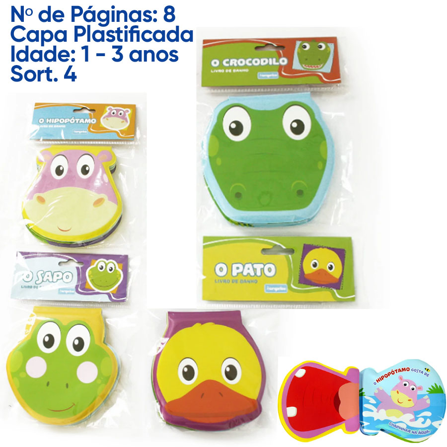 Livros infantis em formato de animais com capas plastificadas e texto em português