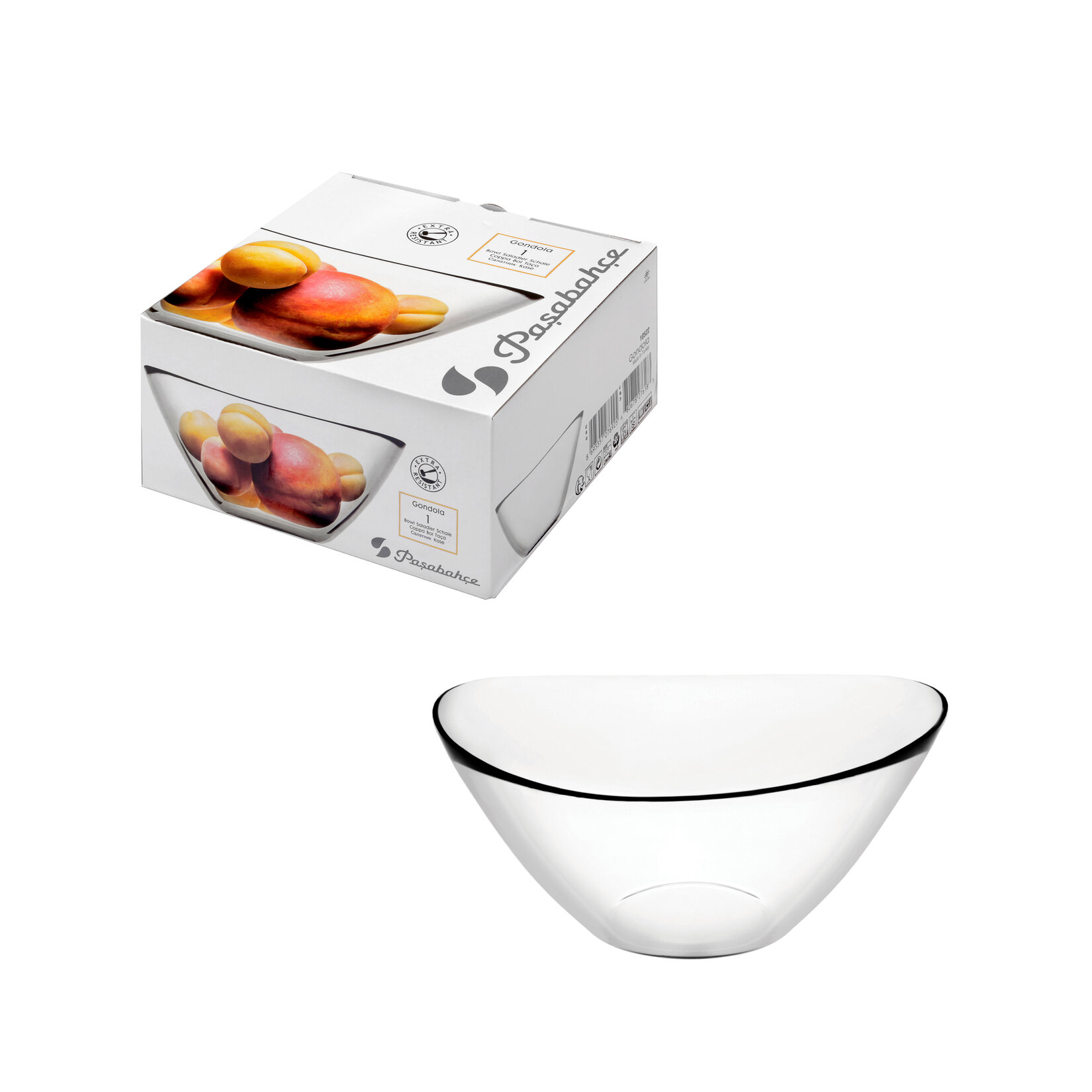 Taça de vidro transparente com borda preta e embalagem da marca Pasabahce