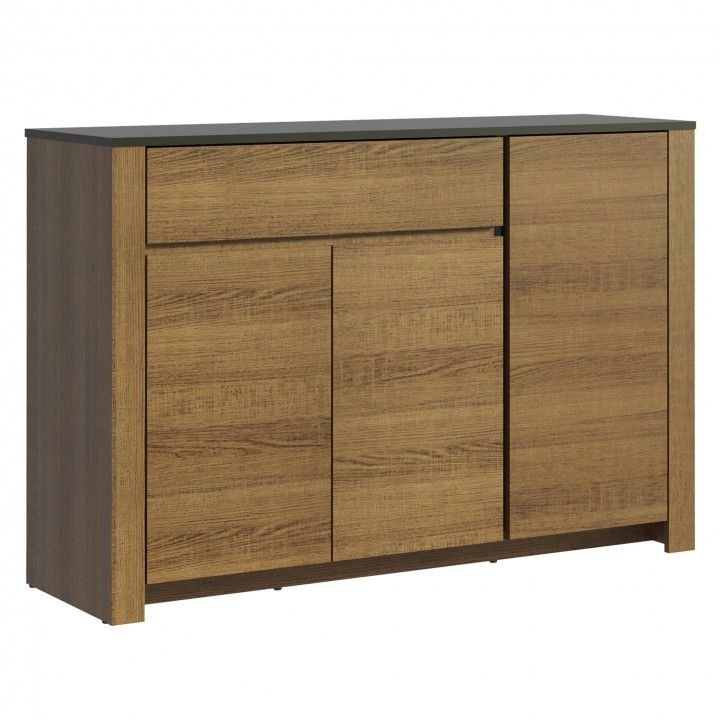 Aparador em madeira castanho claro com tampo preto, uma gaveta e três portas.