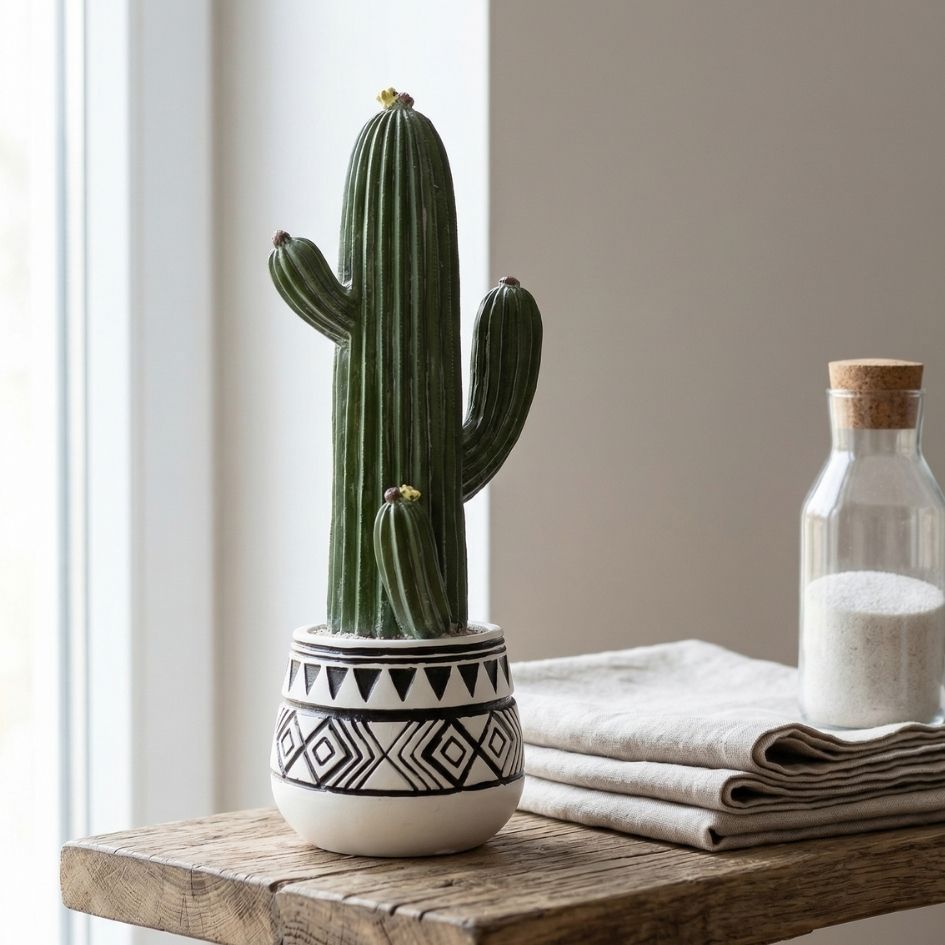 Cacto artificial em vaso cerâmico com padrão preto, sobre mesa de madeira, com toalhas e frasco de vidro.