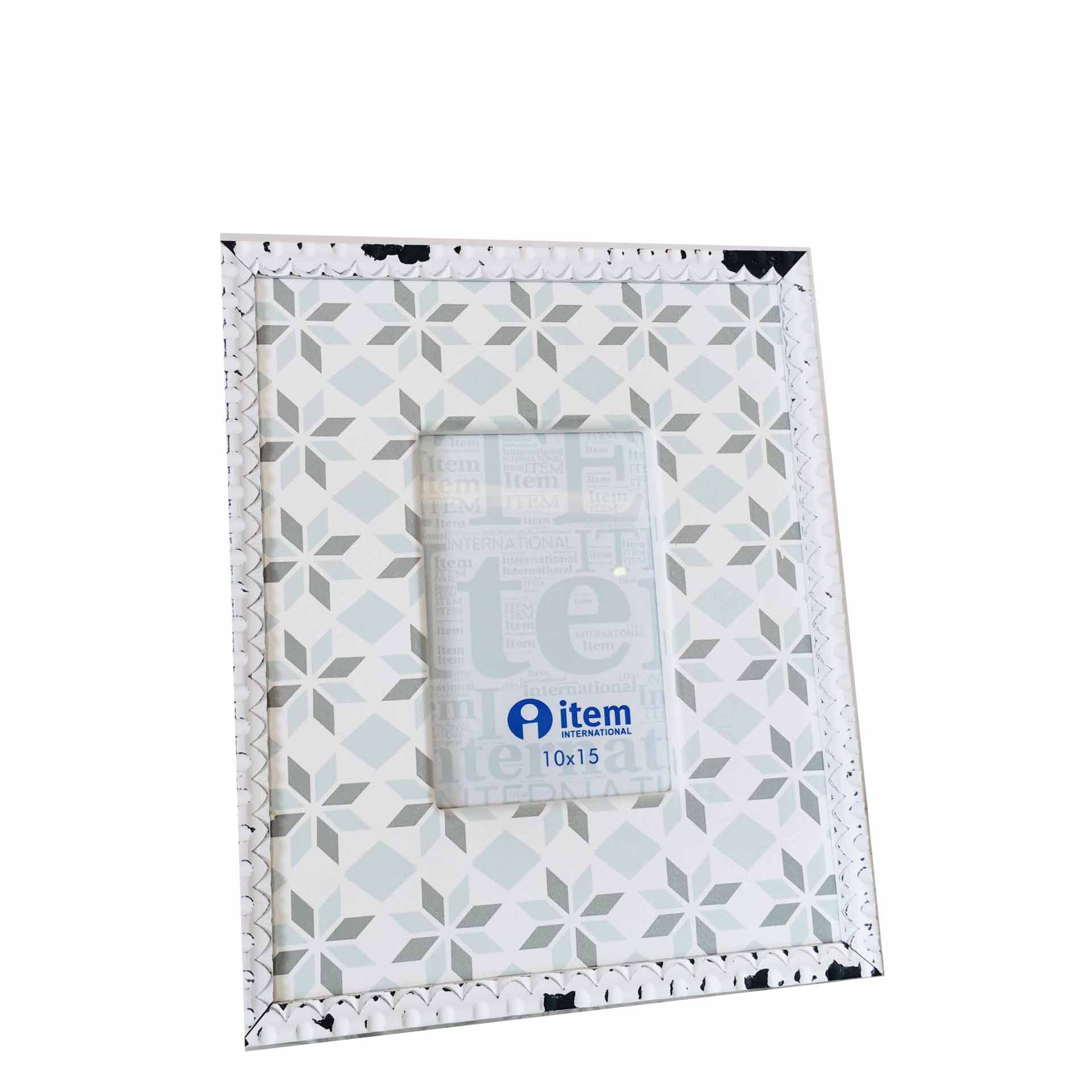 Moldura de fotografia branca e cinzenta com padrão geométrico e detalhes pretos