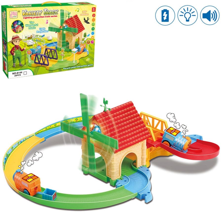 Brinquedo VARIETY TOYS moinho de vento com comboios e carris coloridos.