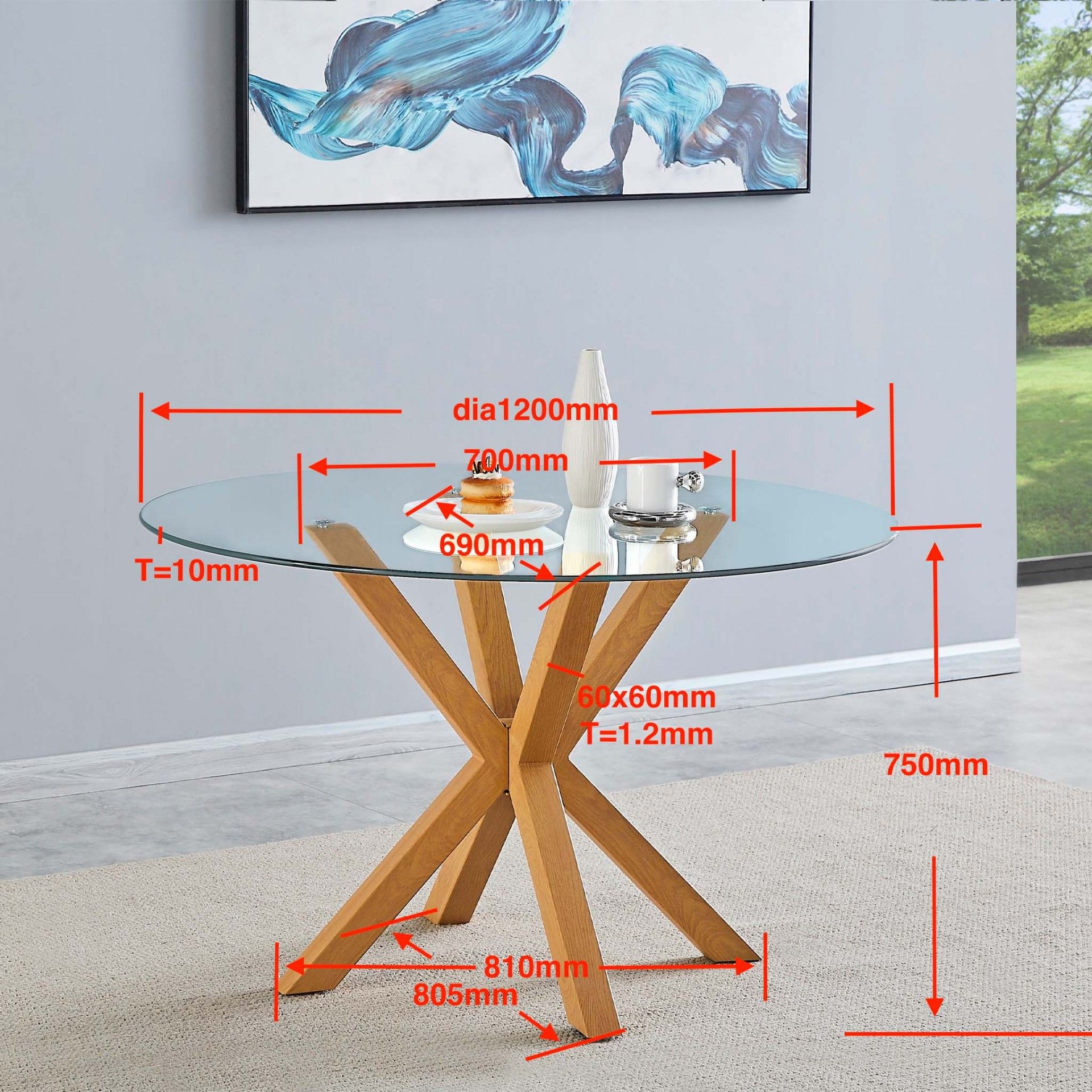 Mesa redonda de vidro com base em madeira clara, medidas exibidas em vermelho.