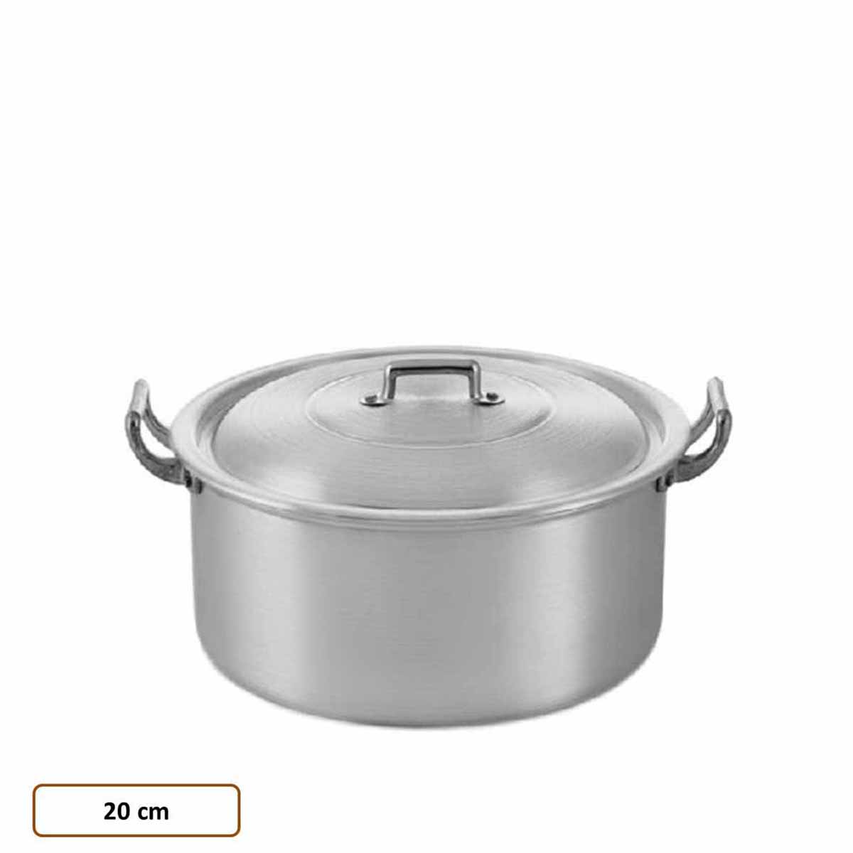 Panela de alumínio prateada com tampa e pegas laterais