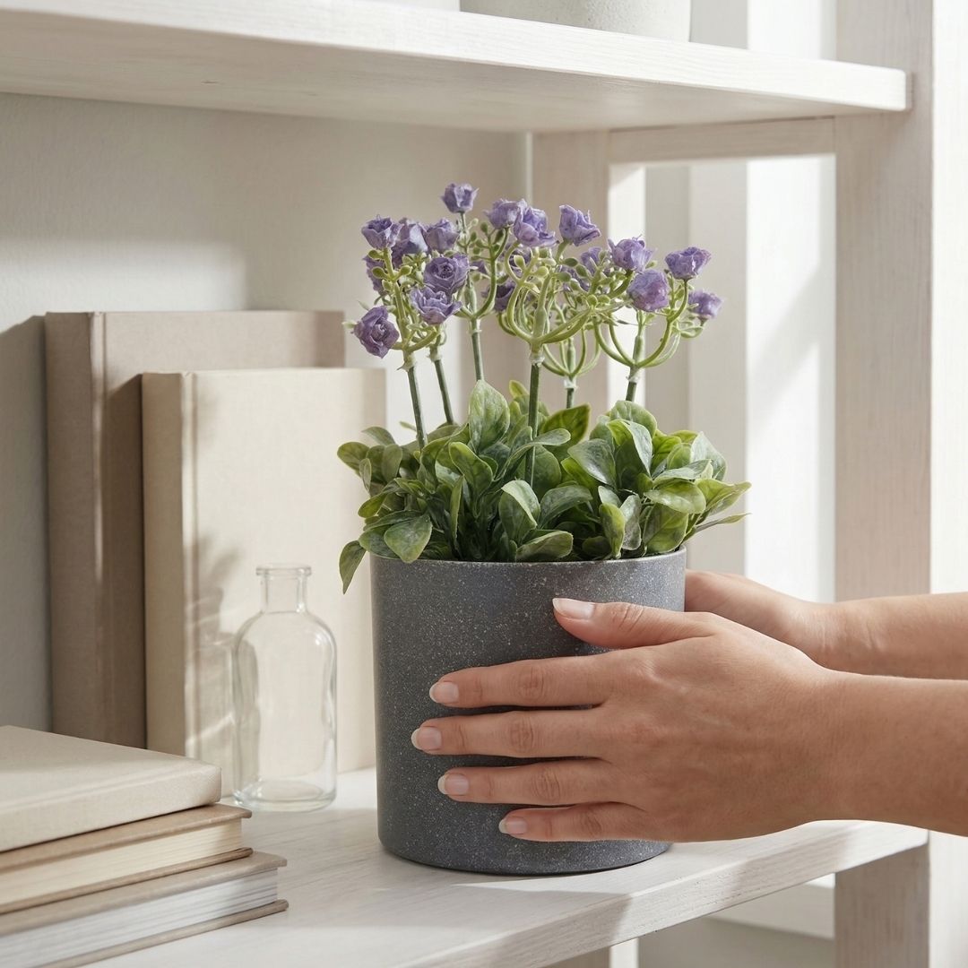 Vaso cinzento fumado com plantas artificiais lilases numa estante branca