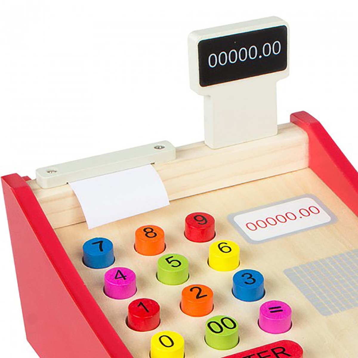Caixa registadora de brinquedo madeira com botões coloridos e visor digital