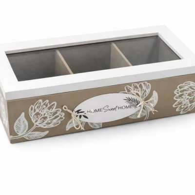 Caixa organizadora de madeira com vidro e decoração floral