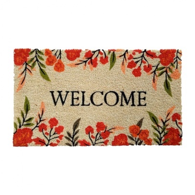 Tapete de boas-vindas bege com flores vermelhas e texto WELCOME