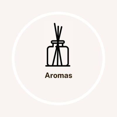 Ícone preto de difusor de aromas com varetas dentro e texto 'Aromas' num círculo cinzento claro
