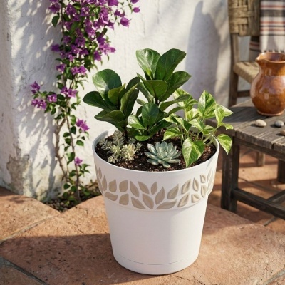 Vaso cerâmico branco com plantas verdes e suculentas em ambiente exterior com chão de mármore e flores roxas na parede