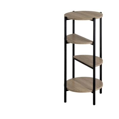 Estante de quatro prateleiras em madeira clara com estrutura preta