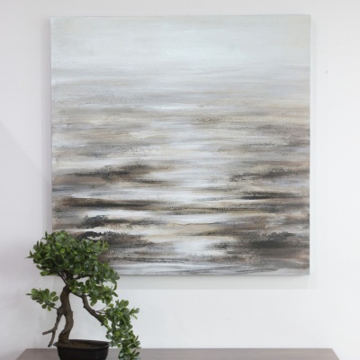 Quadro artístico abstrato cinza bege branco com planta em vaso preto