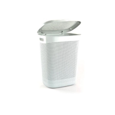 Cesto de roupa branco com tampa oval e textura perfurada