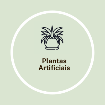Ícone de planta em vaso com texto Plantas Artificiais