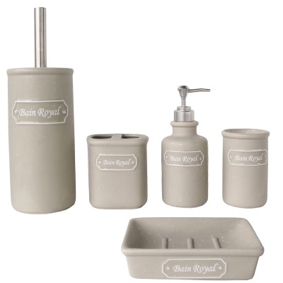 Conjunto cinzento de acessórios de casa de banho em cerâmica com texto Bain Royal