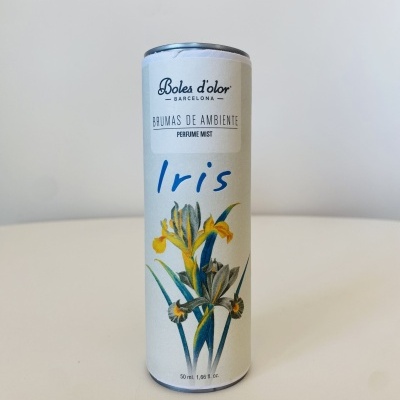 Frasco de perfume de ambiente Boles d'olor com ilustração de flores íris e texto Iris
