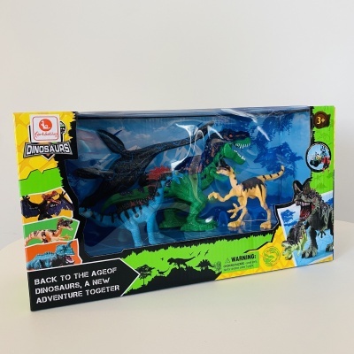 Conjunto de brinquedos de dinossauros em caixa colorida para crianças a partir dos 3 anos