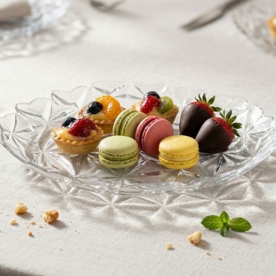 Prato de vidro com tarteletes, macarons e morangos cobertos de chocolate.