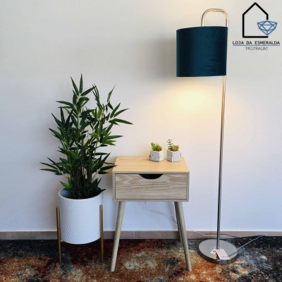 Conjunto de vaso com planta, mesa de madeira com gaveta, e candeeiro de pé azul escuro