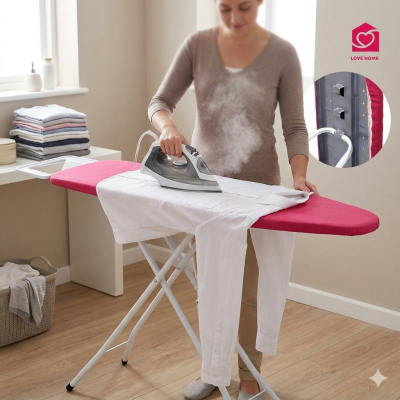 Tábua de engomar vermelha com ferro de engomar cinza e mulher a passar roupa numa sala clara