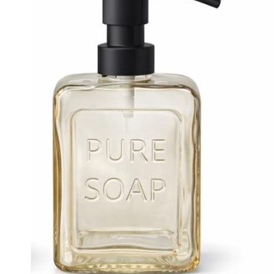 Dispenser de sabonete líquido transparente com tampa preta e texto PURE SOAP