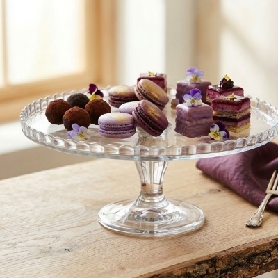 Suporte de bolo com variados doces lilás decorados com flores comestíveis