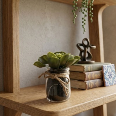 Vaso de vidro com suculenta em prateleira de madeira com livros e azulejo
