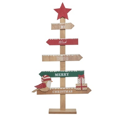 Árvore decorativa de Natal de madeira com palavras festivas e elementos coloridos