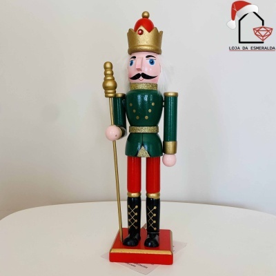 Soldado de chumbo decorativo em madeira verde, vermelho, preto e dourado