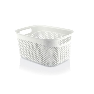 Cesto branco quadrado em plástico com padrão de malha e pegas retangulares