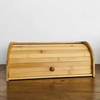 Caixa de pão em madeira de bambu com tampa enrolável e botão de madeira